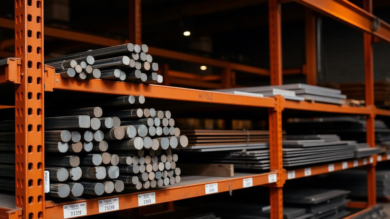 Barras e chapas de aço e alumínio estocadas em prateleira industrial com etiquetas de material