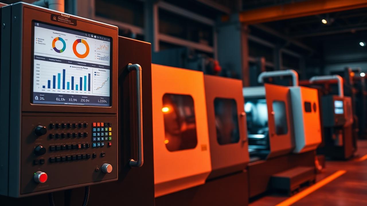 Comando CNC com painel de indicadores de produção no chão de fábrica