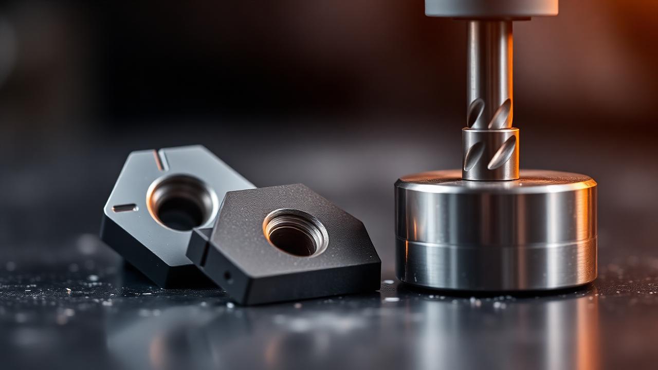 Pastilhas de metal duro e fresa de topo sobre bancada escura