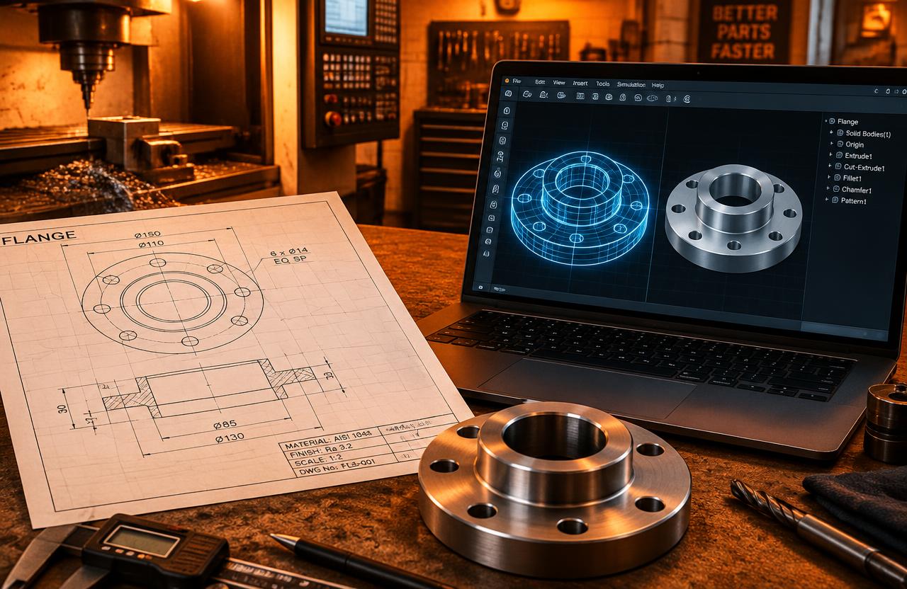 Desenho técnico 2D de um flange ao lado de notebook exibindo o modelo 3D gerado