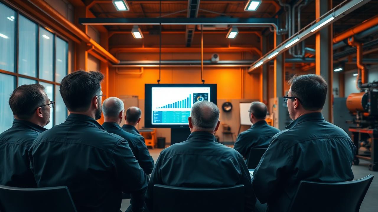 Equipe de gestão industrial assistindo a uma aula com gráficos de produção