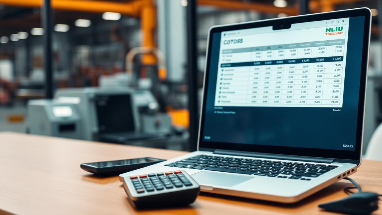 Planilha de custos em um notebook sobre mesa, com fábrica de usinagem ao fundo